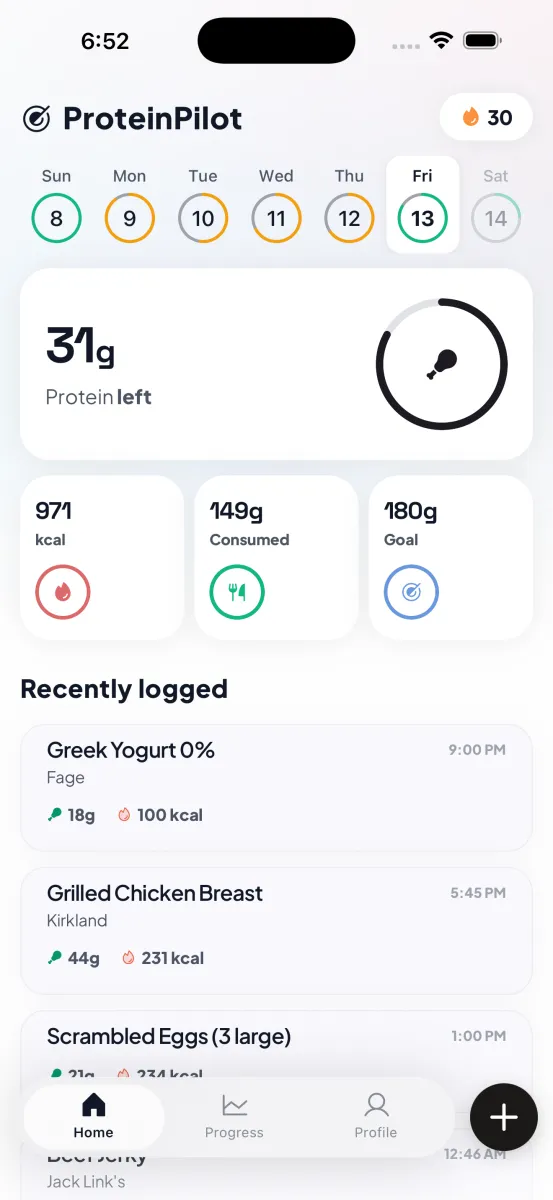 CaloriePilot app showing daily calorie tracking dashboard with progress ring, food log, and streak counter
